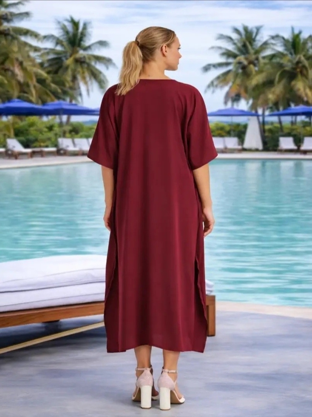 V-Neck Burgundy Kaftab Dress with Pockets. - Picture 3 of 11
